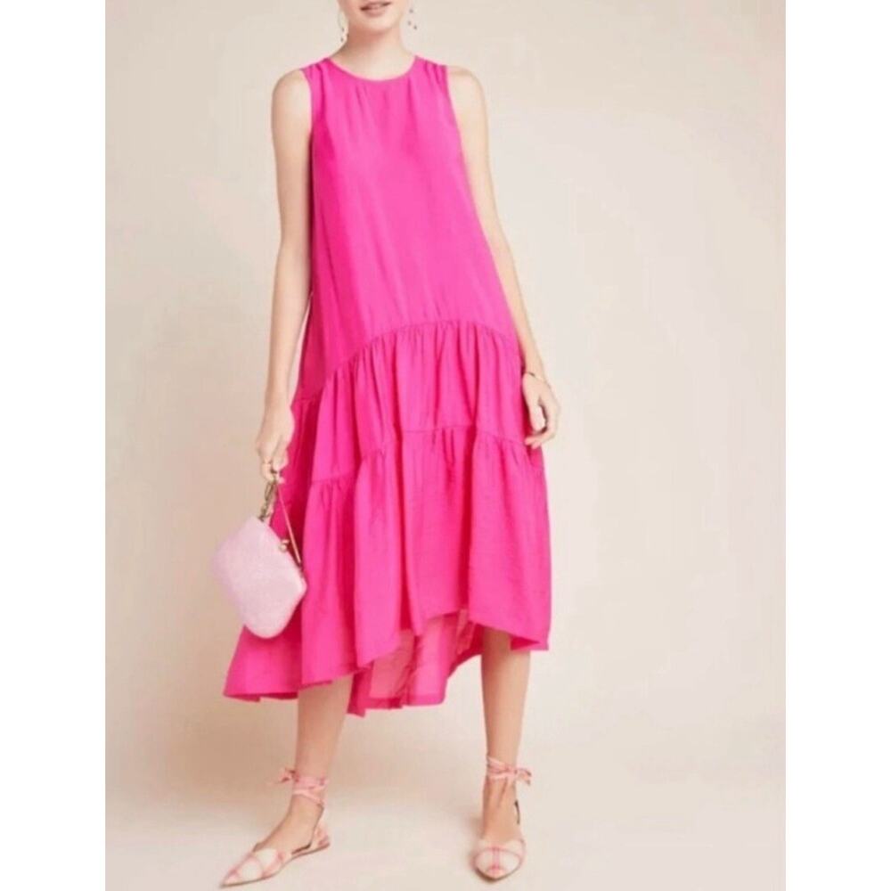 Maeve Hot Pink Sleeveless Tiered Midi Dress